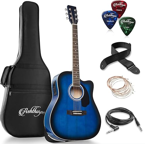 Ashthorpe Paquete de Guitarra Acústica-Eléctrica Dreadnought Cutaway de Tamaño Completo - Maderas Tonales Premium - Azul