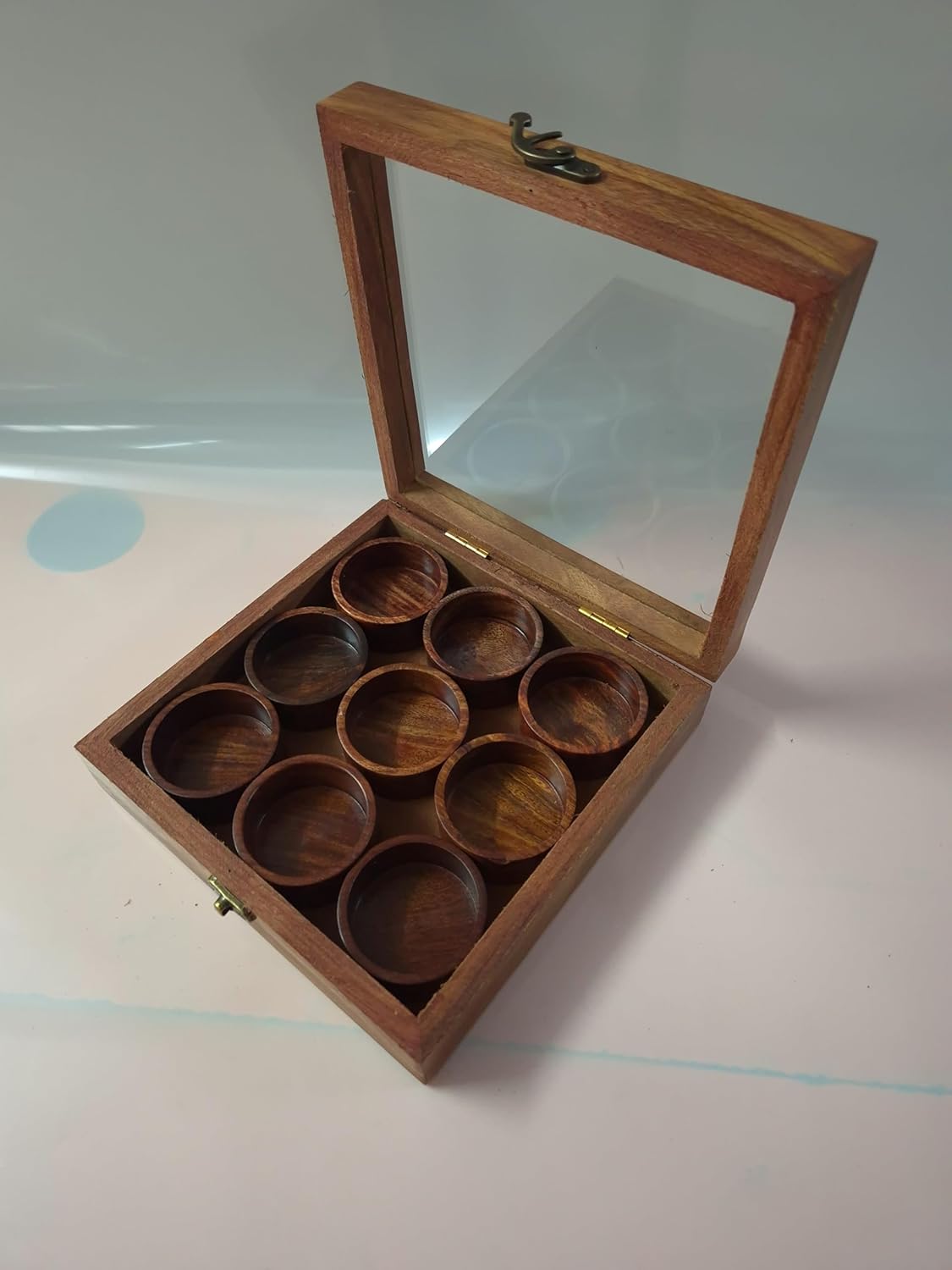 Wooden Spice Box with 9 Removable Bowls | Sheesham Wood Masala Dabba with Glass Lid | Multipurpose Organizer for Kitchen, Dry Fruits, Spices & More