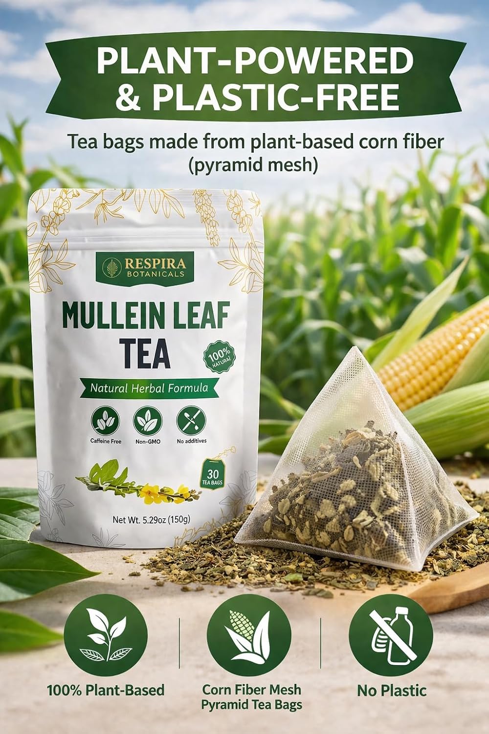 Respira Botanicals - Mullein Leaf Tea Bags for Lungs Cleanse and Respiratory Support, Plastic-Free, Plant-Based Tea Bags, Caffeine-Free, No Additives & Non-GMO, 30 Tea Bags thumbnail