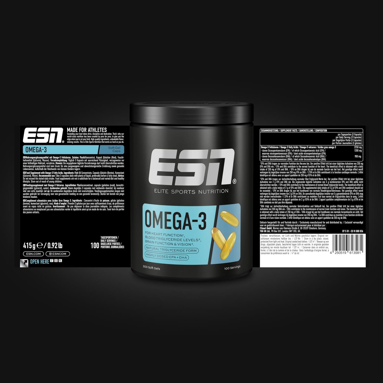 ESN Omega-3, 300 Kapseln, hochdosiert Fischöl mit 1200 mg EPA und 900 mg DHA pro Tagesportion