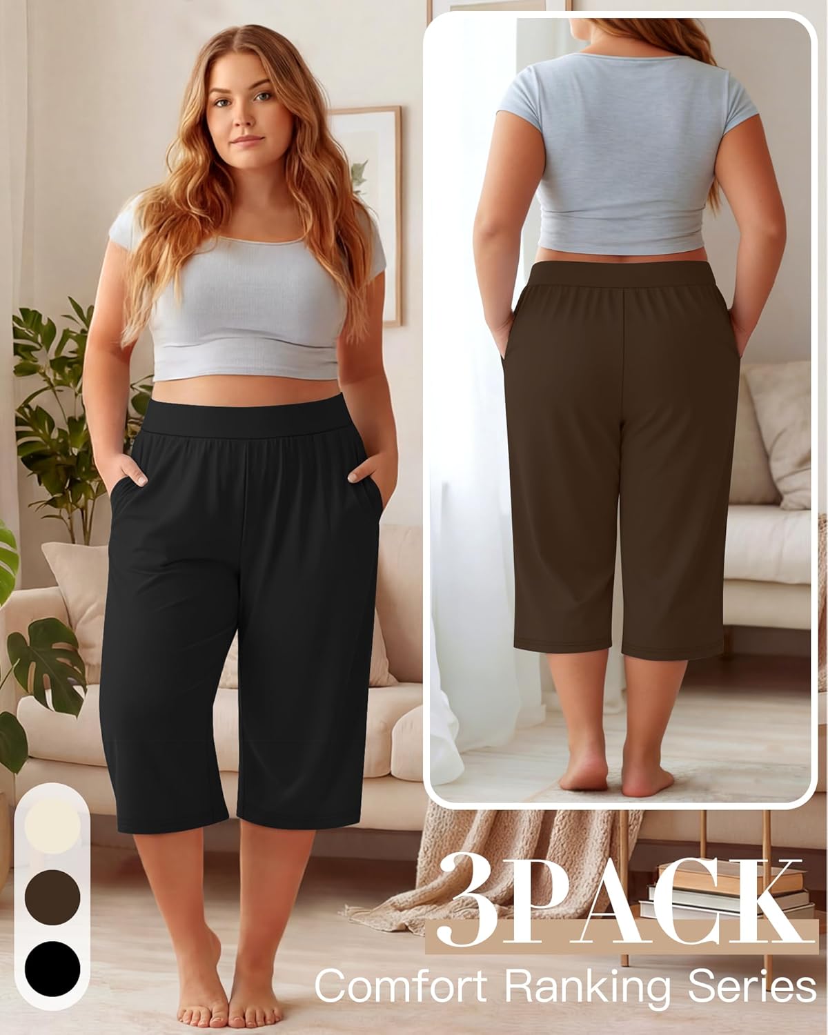 Huukeay 3 Pack Women's Plus Size Capri Pants Loose Fit Wide Leg Capris Sweatpants Summer High Waisted Yoga Pants with Pockets - Image 5