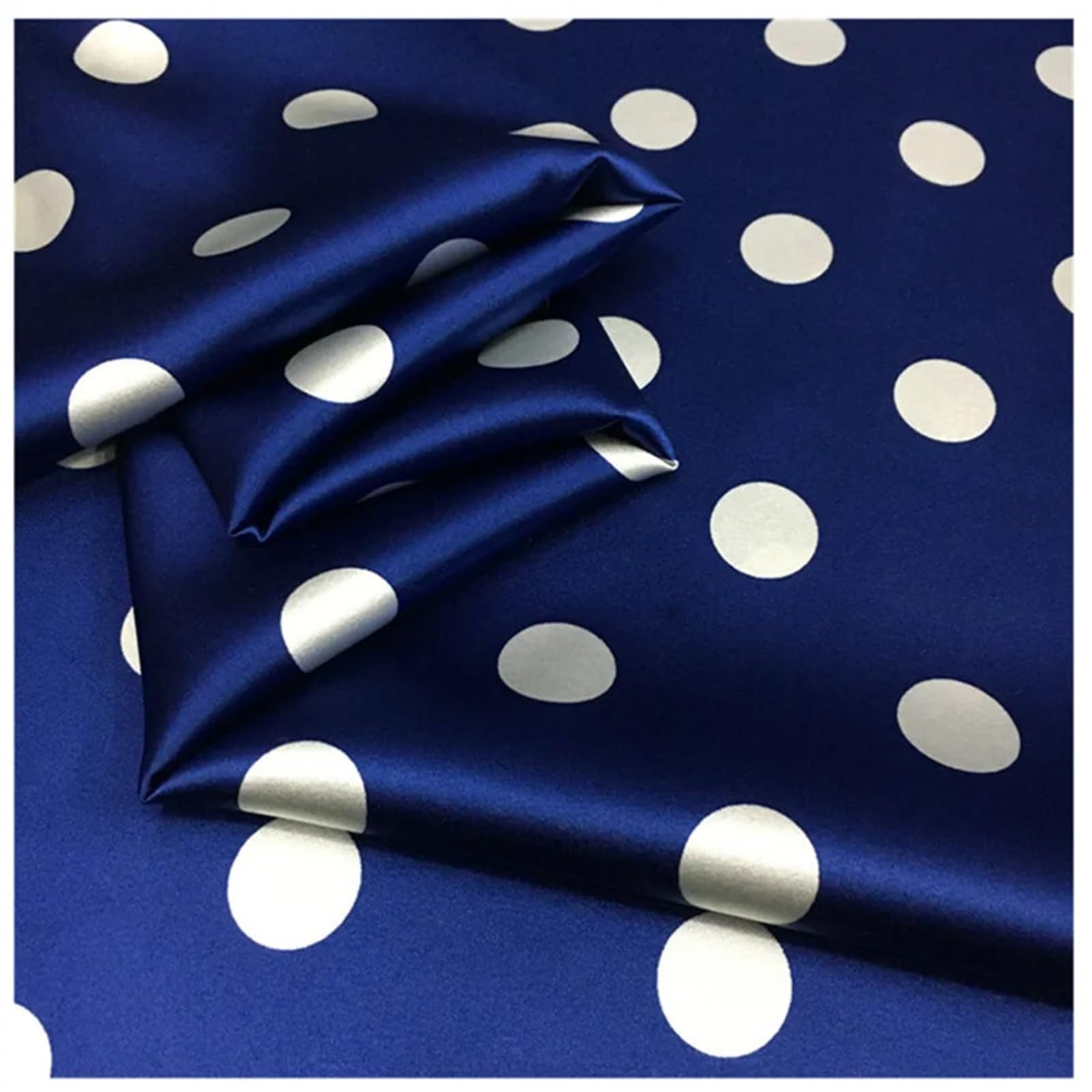 Tela de lunares Tela de vestido camisero satén seda elástica con estampado lunares redondos fondo azul clásico