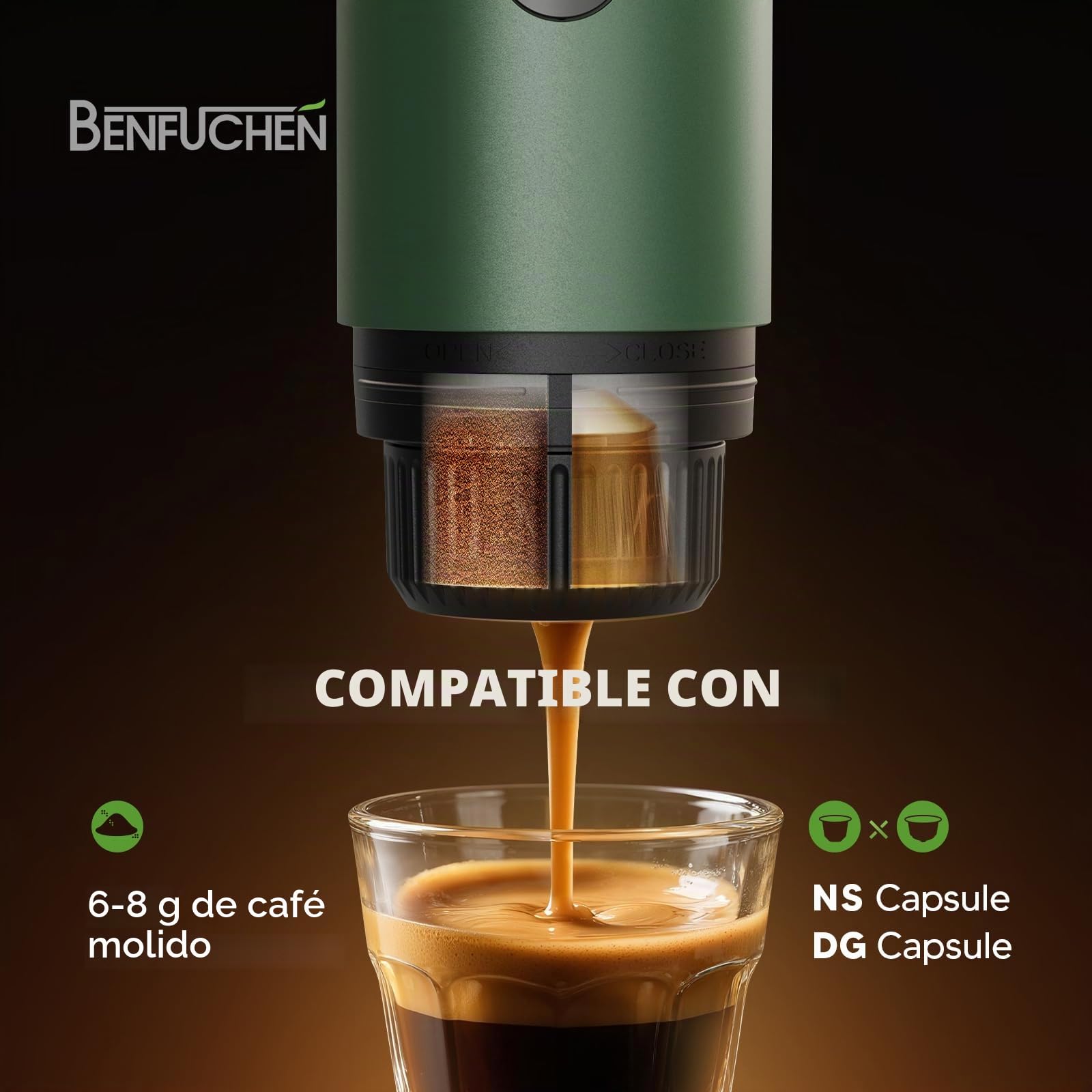 Cafetera portátil 3 en 1, máquina de espresso de 19 bares con calentamiento automático, compatible con cápsulas NS y DG, así como café molido para camping, senderismo, viajes y hogar (Verde)
