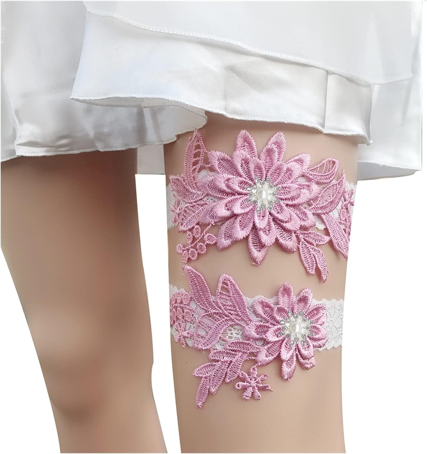 CMBSSTBBWedding Garters Women's Lace Garters And Suspenders, Wedding Garter For Brides (Color : White) (Bright Pink b)