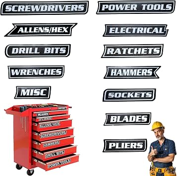 12 Pack of Magnetic Tool Box Labels,3D-Printed Toolbox Labels,Reusable Tags, General Tool Box Organize Accessories for Steel Toolboxes, Carts, Drawers, and Cabinets Black