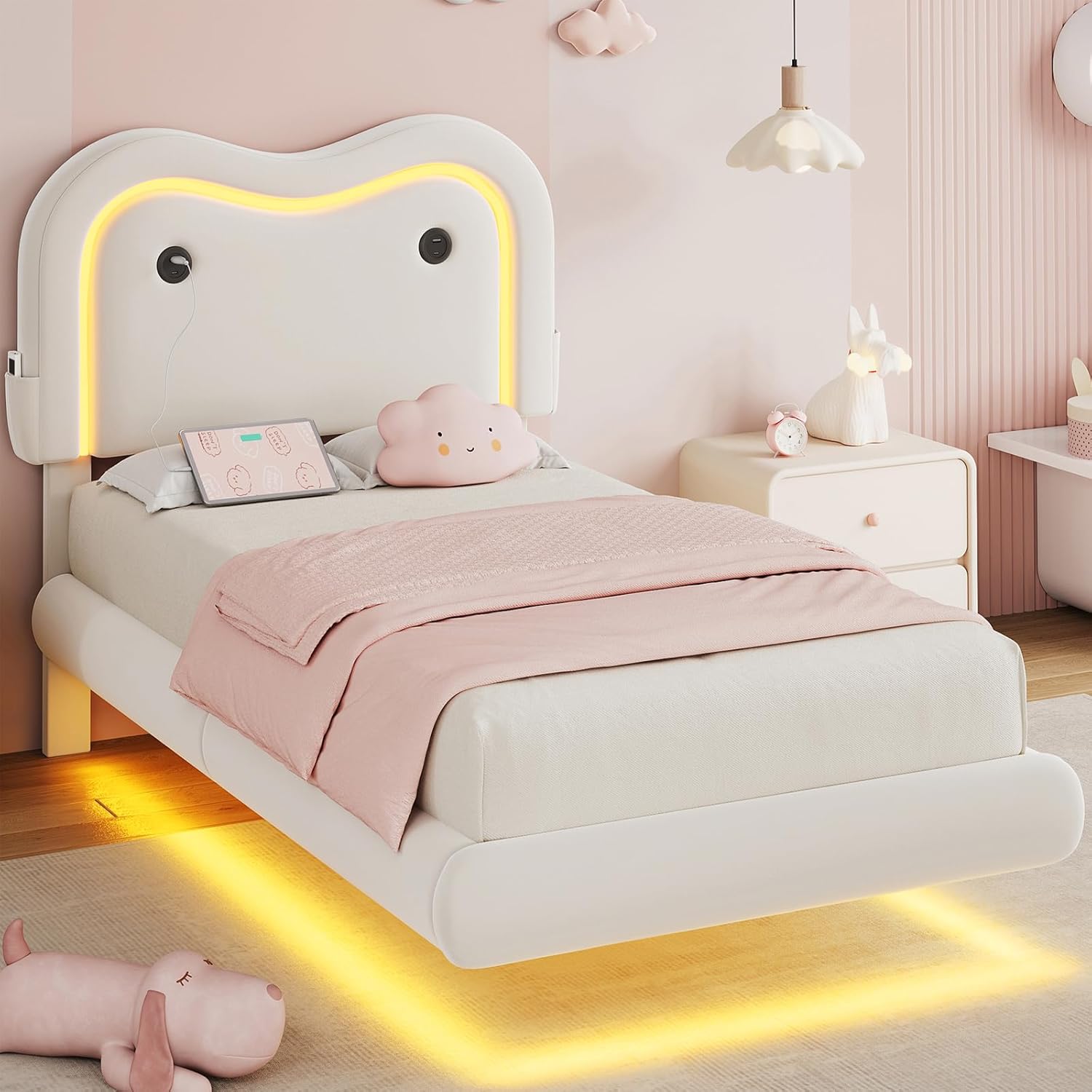 Twin Upholstered Bed Frame with Curved Headboard, Floating Bed Frame with LED Lights and Charging Station, Soft Rounded Corners, No Box Spring Needed, Easy Assembly, White