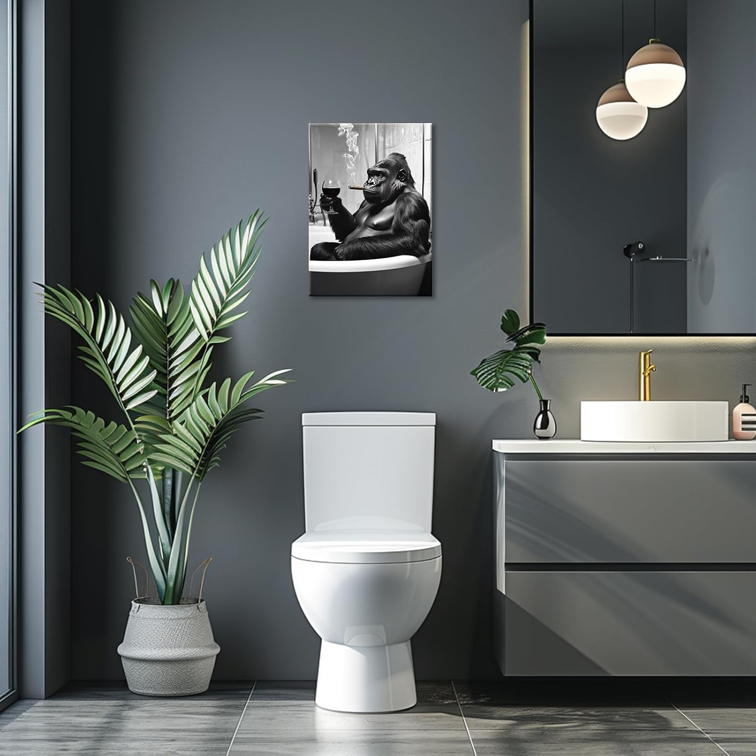 Funny Bathroom Canvas Wall Art Gorilla Sitting on Bathtub with Cigar and Red Wine Picture Animal Toilet Poster Framed Monkey Modern Artwork for Bathroom Toilet Wall Decor