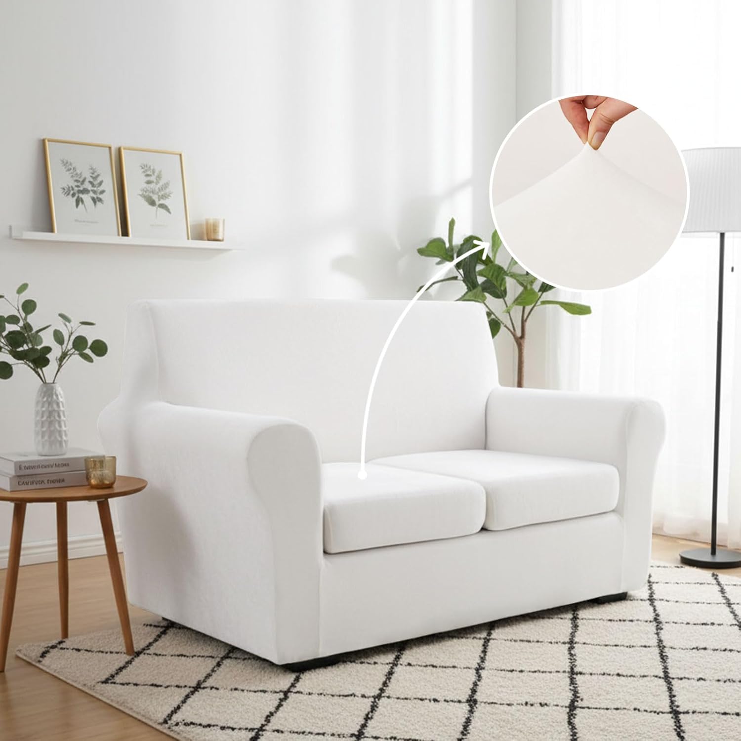 NICEEC Spandex Stretch 3 Pieces Loveseat Cover Water Repellent Couch Cover 2 Cushion Sofa for Pet Super Soft Sofa Slipcovers for Living Room Easy Fit Furniture Protector Washable(White)