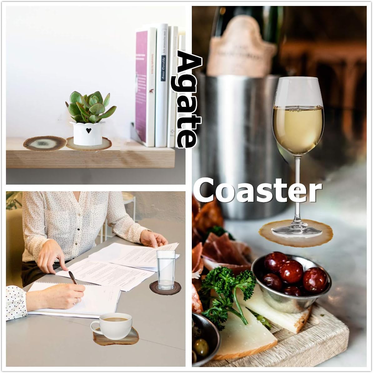 Natural Agate Coaster for Drinks Sliced Geode Coasters with Rubber Bumpers 4-5" Home Decoration for Coffee Wine or Bar Glasses Set of 4