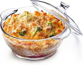 Glass Casserole Deep Round Serving Bowl with Lid - Oven and Microwave Safe 2500 ml POUGINE Cover 2.5L Solid Poungine Set Lid, Tempered Glass, Rice for Dinner, Transparent (1 PIC)