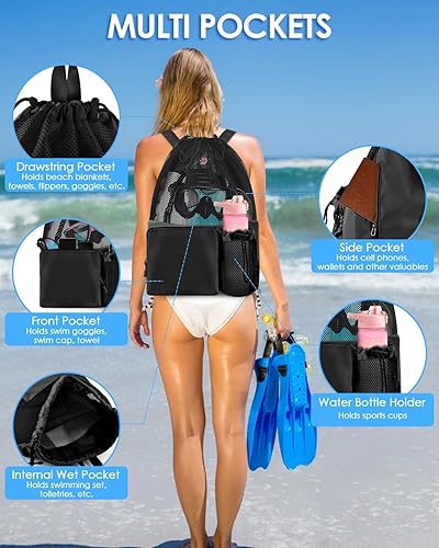 Miniatura 3 de BROTOU Mochila de playa con bolsillo húmedo de malla con cordón para natación, gimnasio