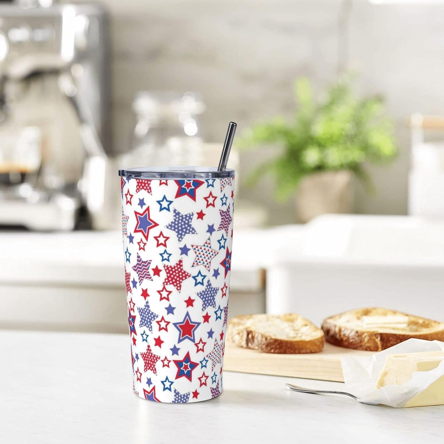 American Flag Star Tumbler with Lid and Straw Stars 20oz Insulated Stainless Steel Cup Red Blue Travel Coffee Mug Water Bottle for Women Gift for Birthday Christmas - Image 7