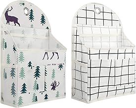 Merysan Hanging Storage Bag, Foldable Linen Fabric Wall Hanging Baskets Organiser with 3 Pockets for Children's Room, Bathroom, Bedroom, Waterproof (White) Pack of 2