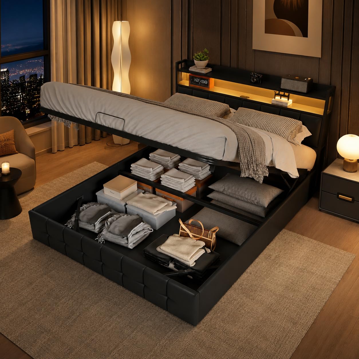 KeepGoon letto matrimoniale con contenitore 160 x 200 cm, letto imbottito con rete a doghe, testiera a LED con funzione USB, letto funzionale, in pelle nera, barra di pressione dell'aria