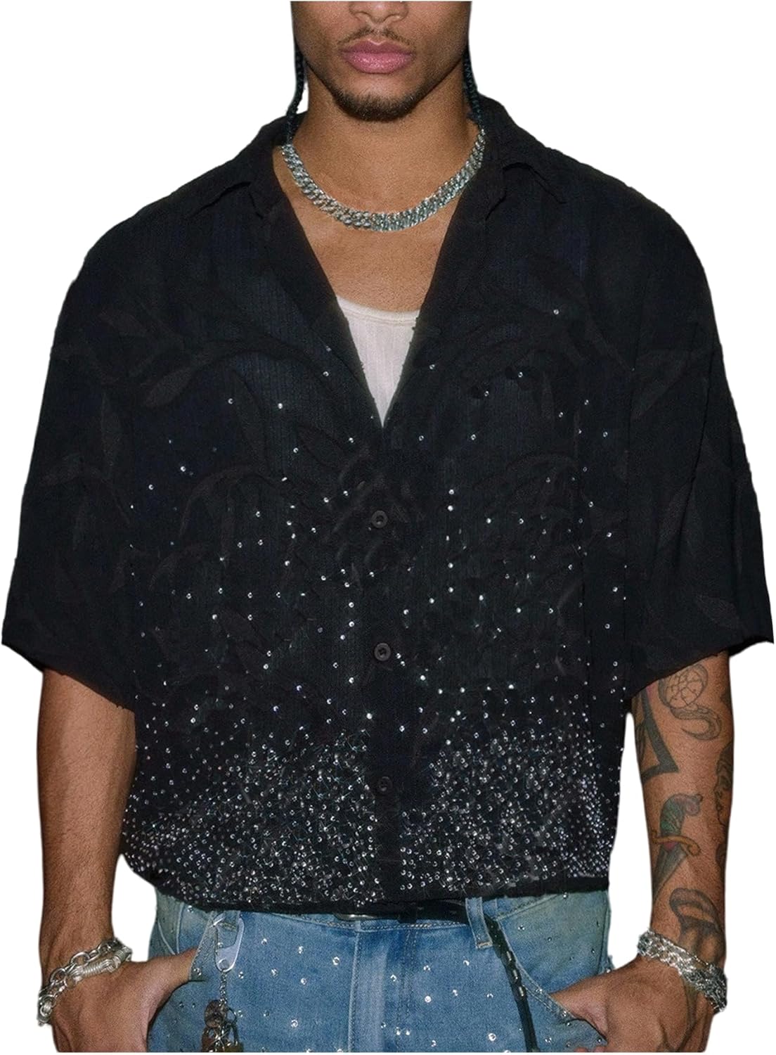 Men's Glitter Rhinestone Baggy Shirt Half Sleeve Button Down Party Club Rave Shirts