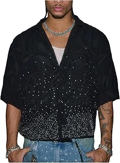 Men's Glitter Rhinestone Baggy Shirt Half Sleeve Button Down Party Club Rave Shirts