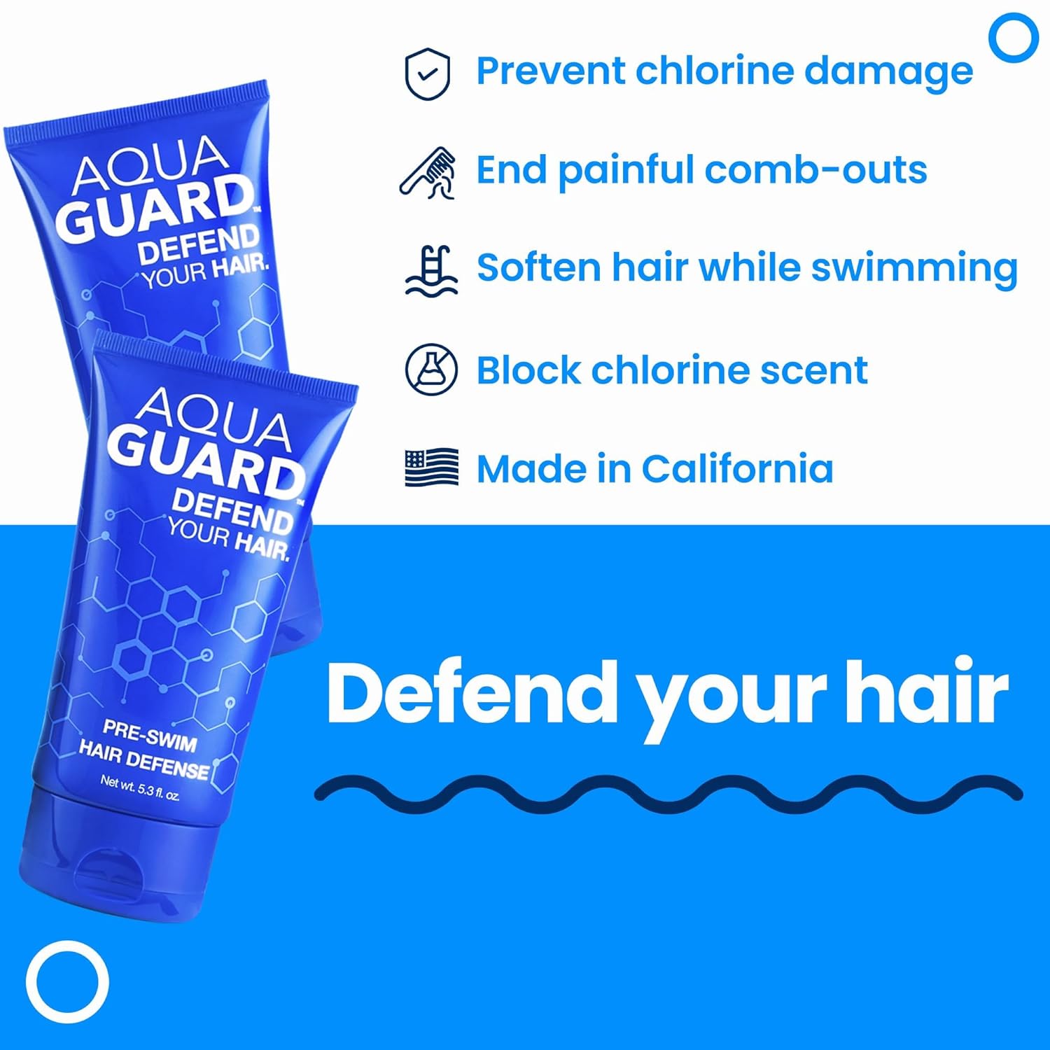 AQUA GUARD Pre-Swim Hair Defense | No More Swim Hair | Prevents Chlorine Damage + Softens Hair While Swimming | Made in California | Color Safe, Leaves Hair Smelling Great | 5.3 oz (2 Pack)