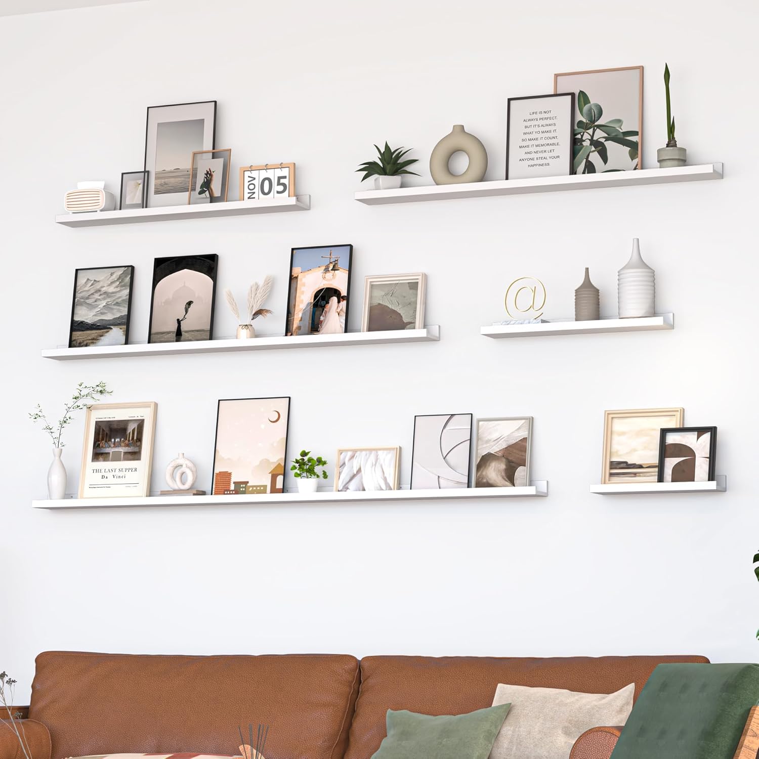 Heimlove Picture Ledge Shelf, Small Floating Shelves Set of 2, 16 Inches Picture Shelf for Wall with Ledge, Kids Bookshelf Wall Mounted for Living Room Bedroom Decor Books Photo Frames, White