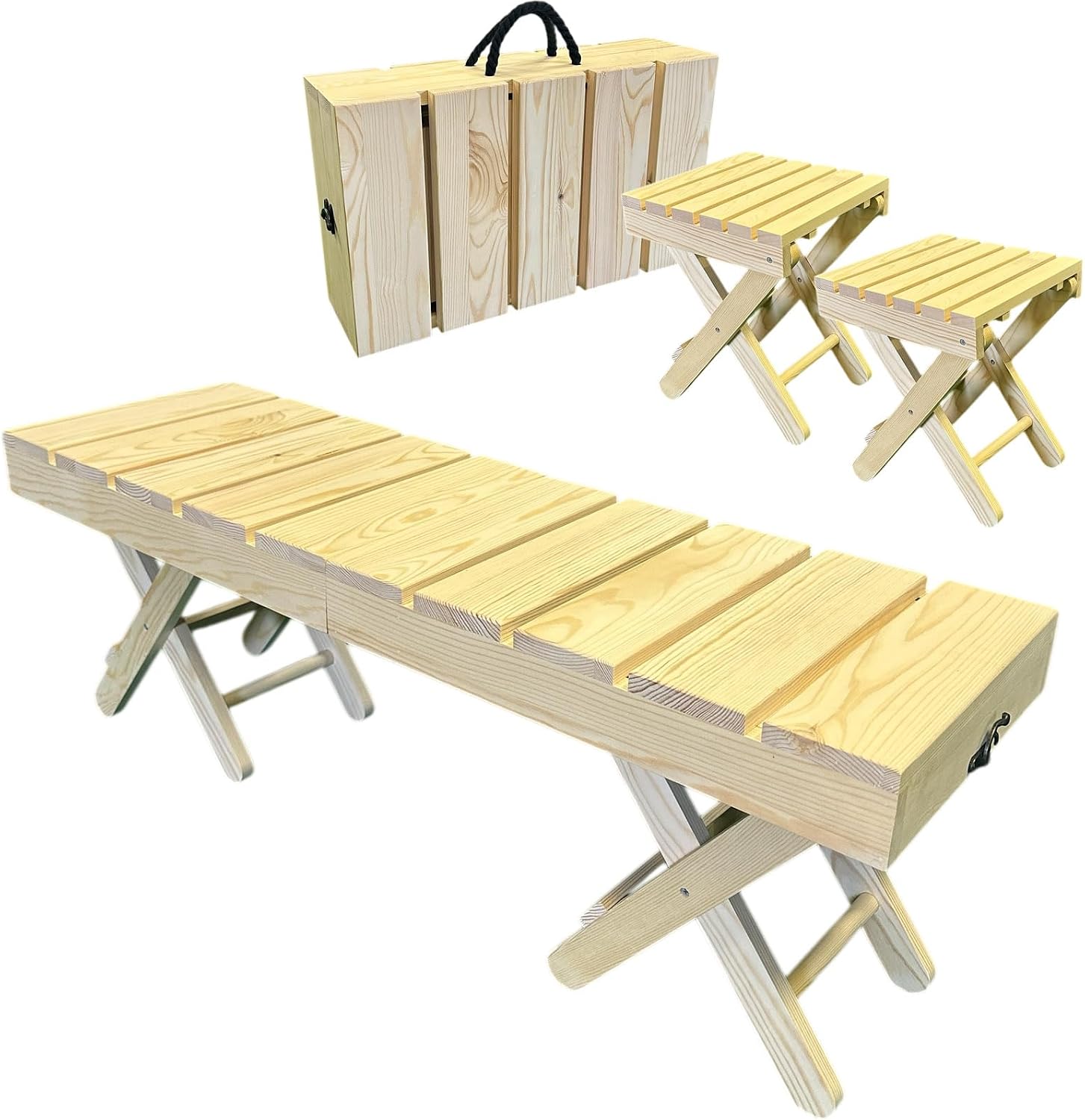ShareFunn Trunk Wood Bench Sauna Bench Foldable 2 Seater Tent Sauna Chair White Wood Wooden Bench, Metal Free, Burn Prevention, Load Capacity: 150 kg, Width: 100 cm, No Tools Required, Carrying Handle Included, Outdoor Camping Chair