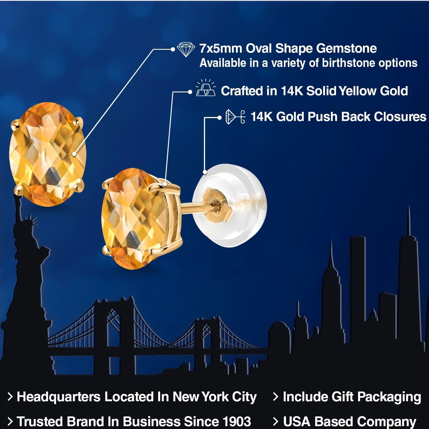 Gem Stone King 14K Yellow Gold Yellow Citrine Stud Basket Setting Earrings For Women Men (1.40 Cttw, Gemstone November Birthstone, Oval Checkerboard 7X5MM) - Image 2