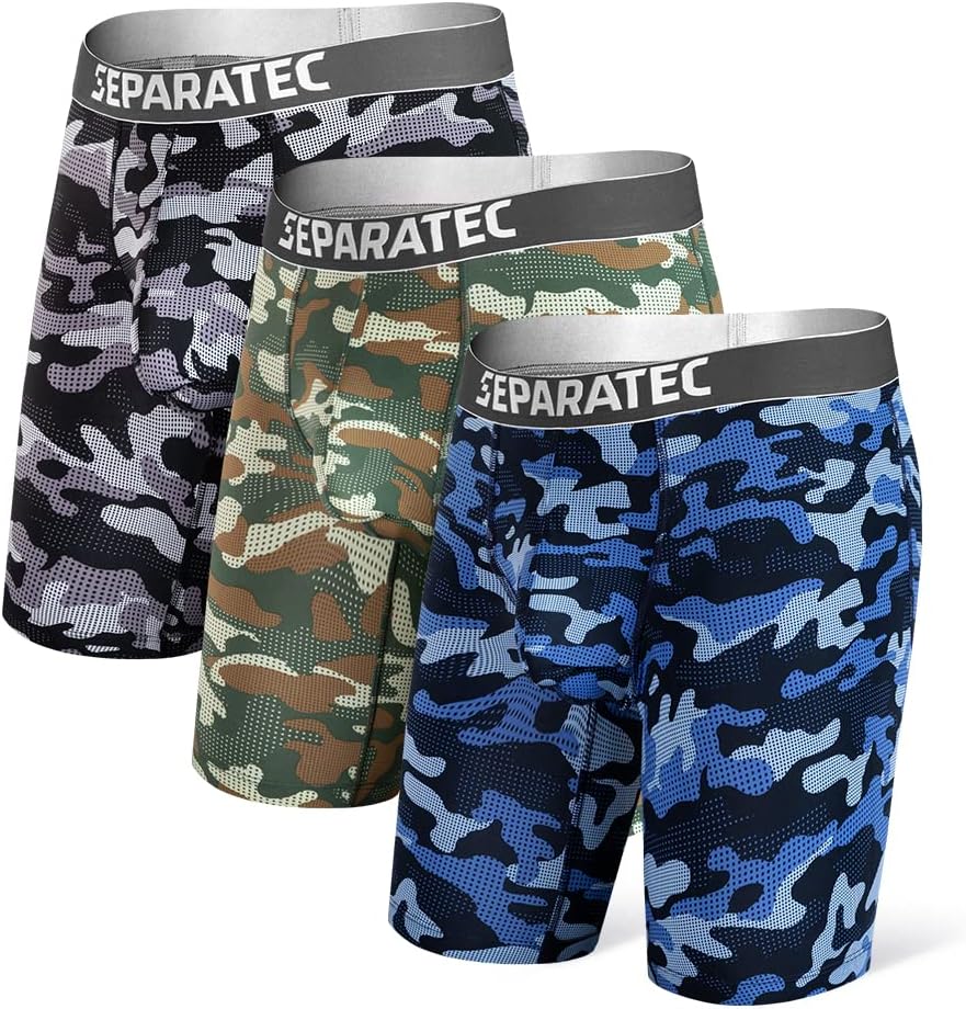 Separatec Athletic Mens Underwear, Anti Chafing Performance Long Leg Boxer Briefs for Men 3 Pack with Dual Pouch Design