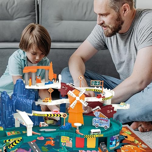 Miniatura 6 de Losbenco Juego de pista de carreras para niños, juguete de aventura de estacionamiento de garaje con 14 mini autos y 3 figuras de animales, juguetes