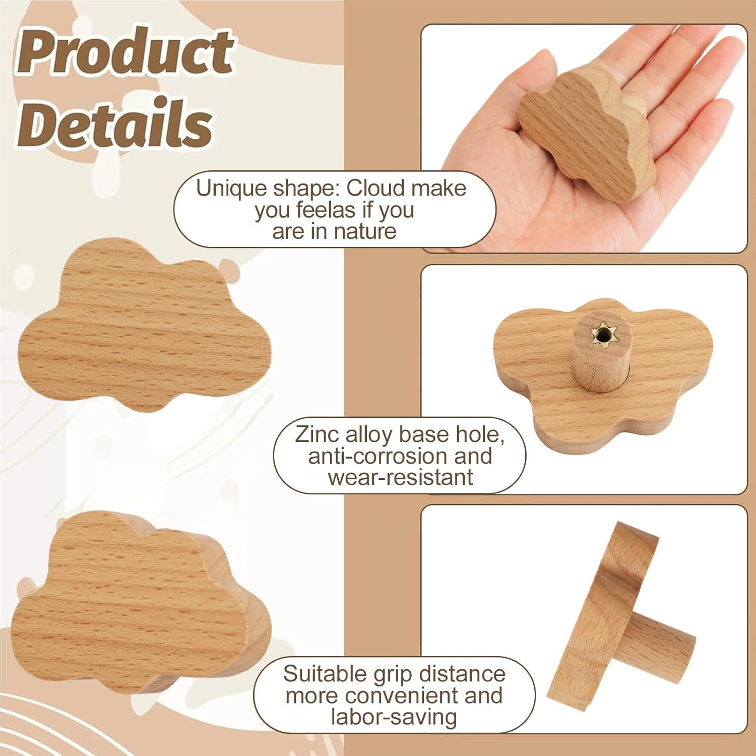MOROBOR 12PCS Cloud Shaped Wooden Knobs, Single Hole Beech Wood Handles Natural Wood Cupboard Cabinet Handles Knobs for Chest of Drawers with Screws& Expansion Tube