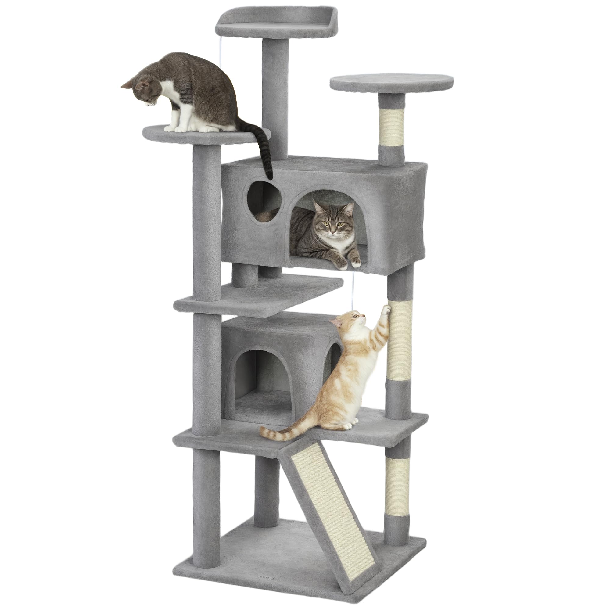 Pawhut Light Grey 138Cm Cat Tree W/ Scratching Posts & Pad, Bed, Condos, In