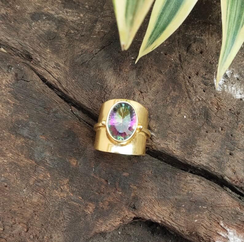 Bohemian Natural Mystic Rainbow Topaz Wide Gold Plated Ring - Vintage Gypsy Wedding Bridesmaid Thumb Jewelry, Multi Stone Statement Accessory