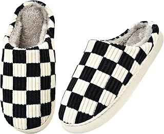 House Slippers for Women Men, Fuzzy Slippers House Shoes Memory Foam Checkered Slippers Plush Plaid Scuff Slides Indoor Outdoor