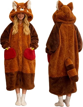 Cute Cartoon Raccoon Hooded Nightgown Pajama Set Robe Snuggie Wearable Blanket Hoodie for Women Animal Winter