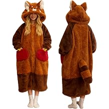 Cute Cartoon Raccoon Hooded Nightgown Pajama Set Robe Snuggie Wearable Blanket Hoodie for Women Animal Winter