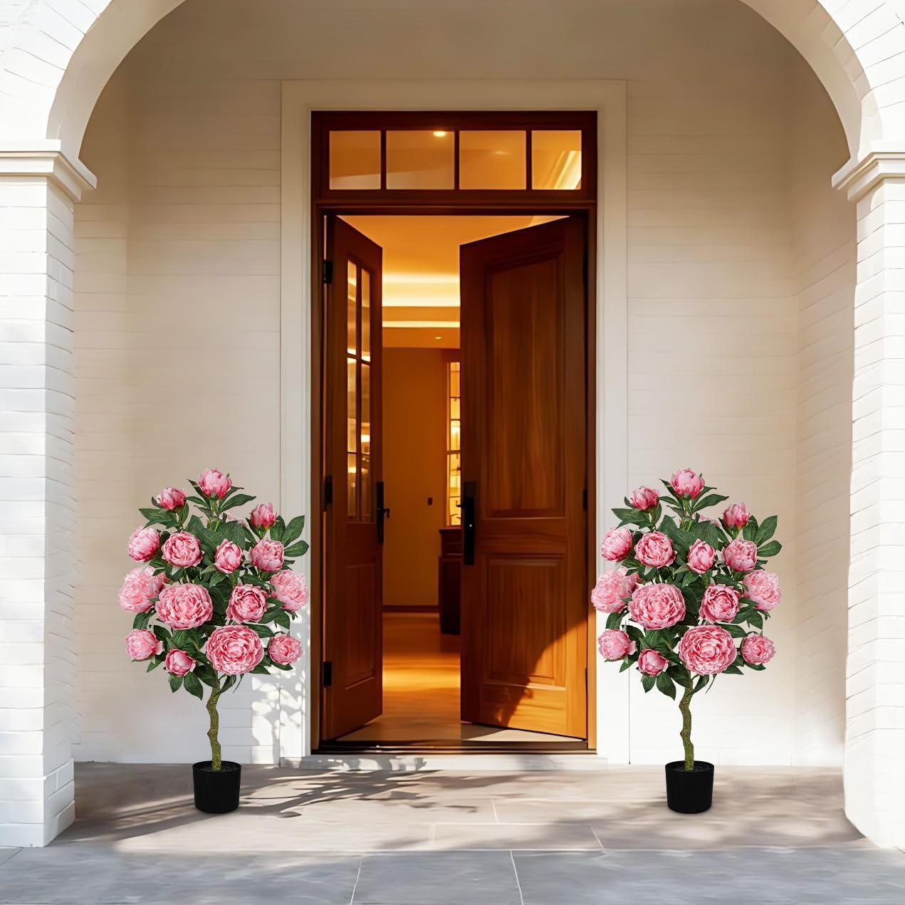 Hollyone Pink Fake Peonies Tree 3FT Peonies Artificial Flowers Tree in Pot Faux Peony Plants & Flowers in Planter Greenery Potted Plant Indoor Outdoor Front Door Porch Home Decor