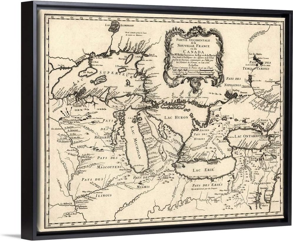 Antique Map of the Great Lakes and the Black Float Frame Canvas Art, Map Artwork