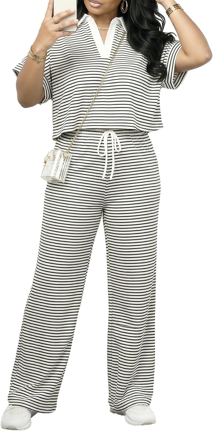 HBQ Women's 2 Piece Outfits Polo Collar Short Sleeve Crop Top and Wide Leg Pants Set Casual Tracksuit Lounge Wear