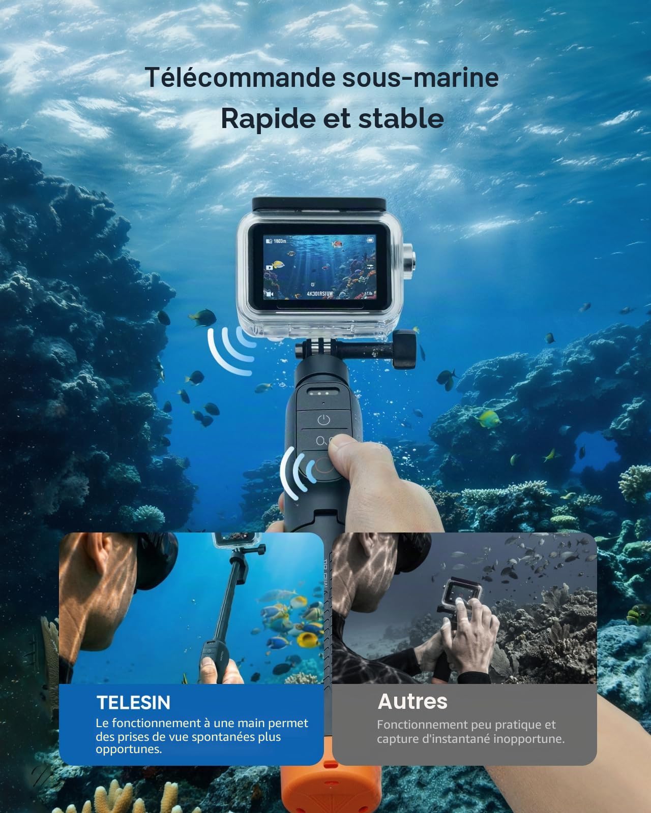 TELESIN Poignée Flottante Bluetooth pour DJI Osmo Action 6/5 Pro/4/3 | Télécommande Bluetooth intégrée | Flotte pour sécuriser la caméra | Idéale pour le surf, le snorkeling et les vlogs de voyage