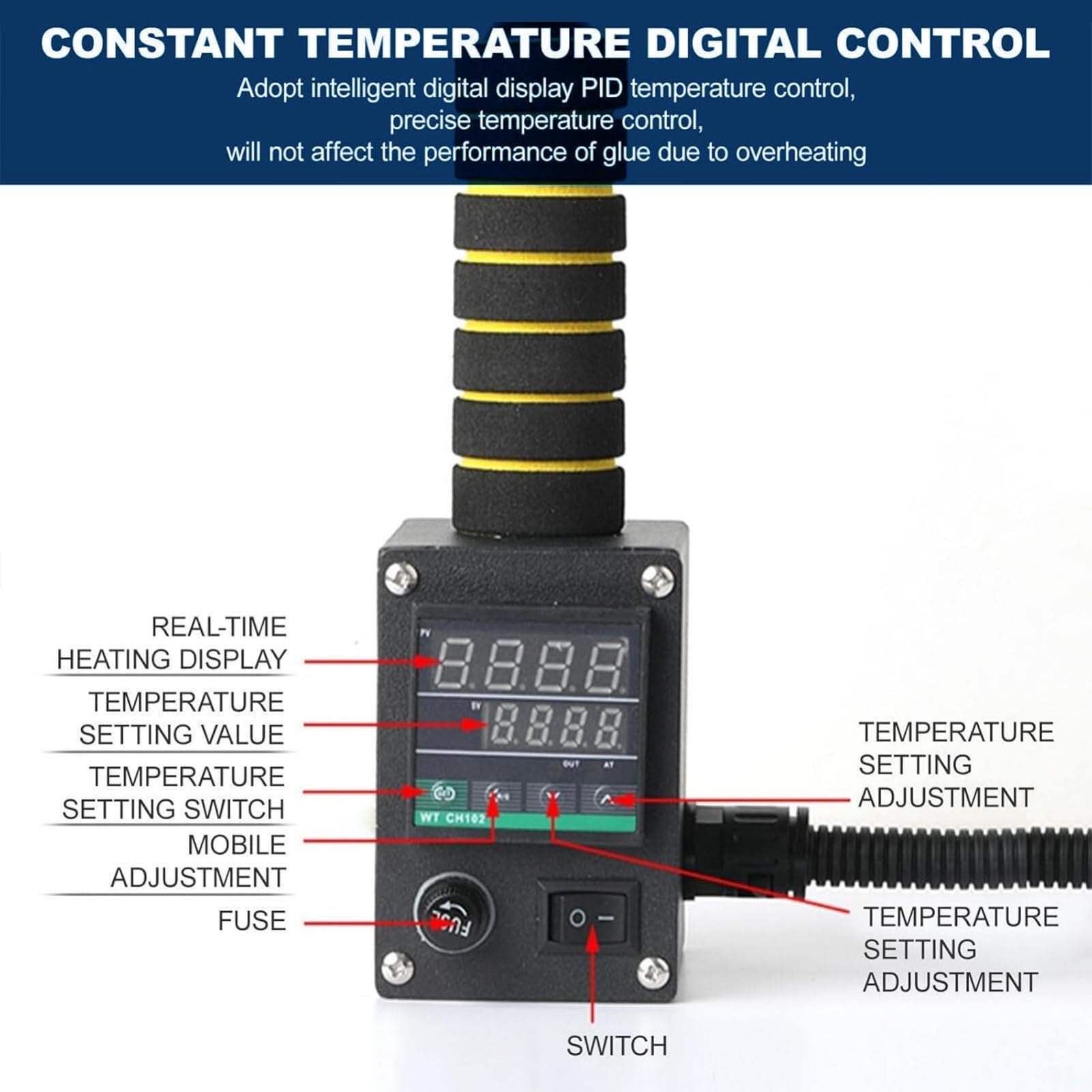 Rodillo adhesivo termofusible, aplicador de pegamento de 50-200 °C, dispensador portátil de pegamento fundido con 4 cabezales intercambiables de 3 a 50 mm para manualidades de cuero, sellado de cajas