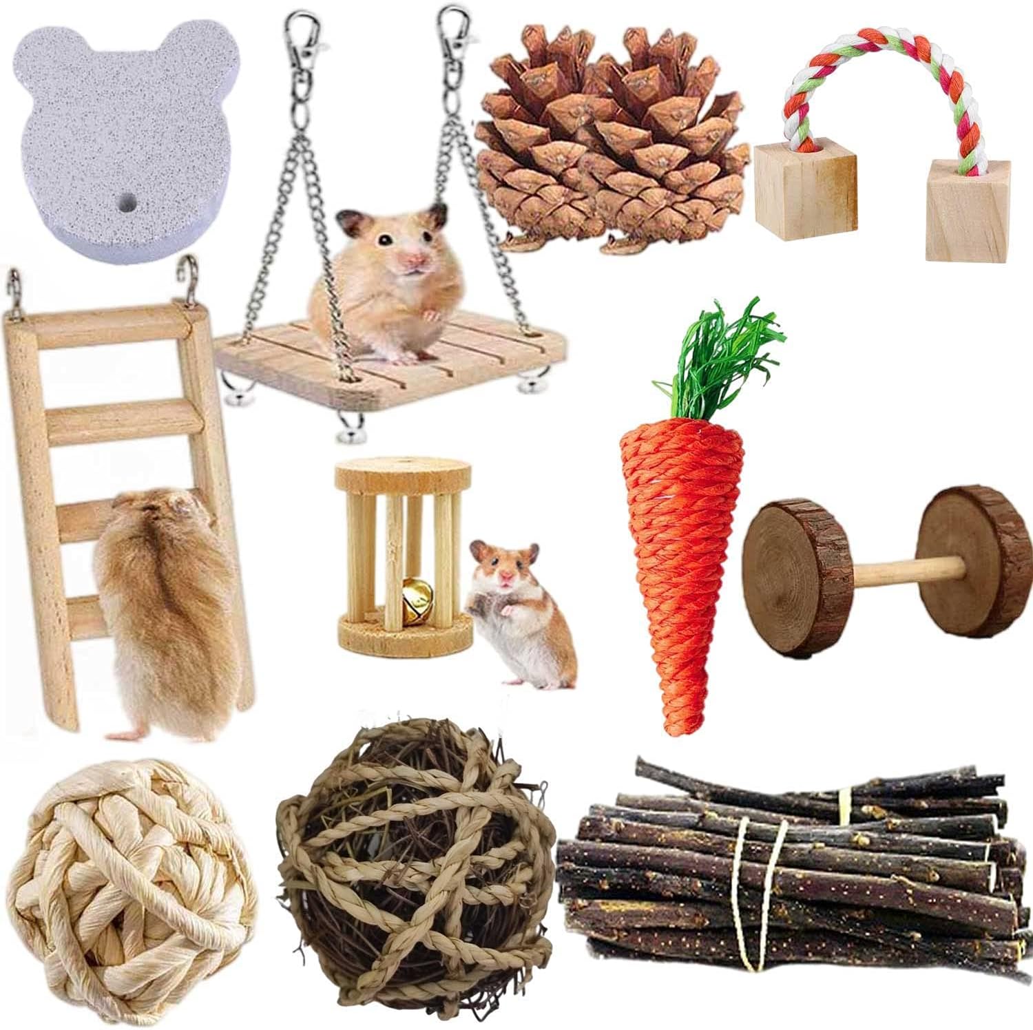 21PCS Hamster Guinea Pig Chew Toys Set Natural Wooden mouse Exercise Toys and Accessories Teeth Care Molar Toys for Rabbit Syrian Rats…