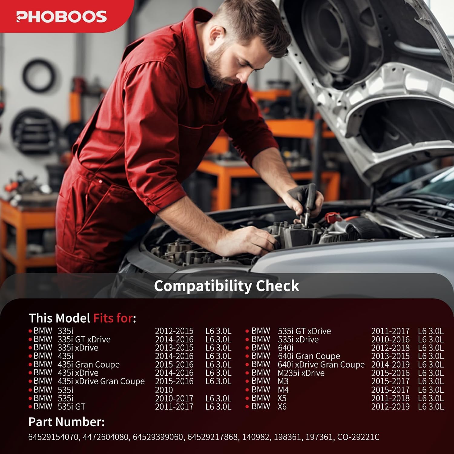 PHOBOOS A/C Compressor with Clutch Compatible with BMW 3-Series 335i X5 435i 535i 640i 740i GT xDrive Gran Coupe X6 M2 M235i Models, Fast Cooling, Low Noise, Easy Installation, Ref. CO-29221C, 198361