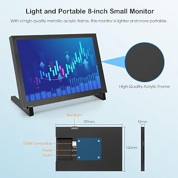 ELECROW 8 Inch Touch Screen Monitor Compatible with Raspberry Pi/PC/Laptop | 1280×800 IPS Screen Small Monitor Compatible with Windows 11/10/8/7 Plug&Play HDMI & USB Port