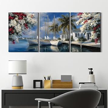 3 Piece Abstract Coastal Wall Art Nature Seaside House Pictures Bathroom Wall Decor Tropical Blossom Flowers Paintings Watercolor Sailing Boat Posters Canvas Prints Nautical Artwork Decorations 12x16