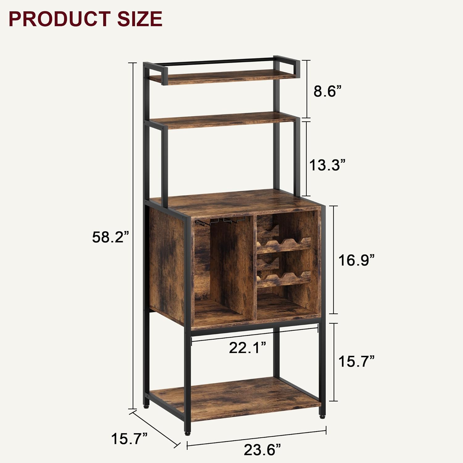 IDEALHOUSE Freestanding Wine Cabinet with Glass Rack, Industrial Bakers Rack, Tall Liquor Cabinet with Storage for Kitchen, Living Dining Room, Rustic Brown
