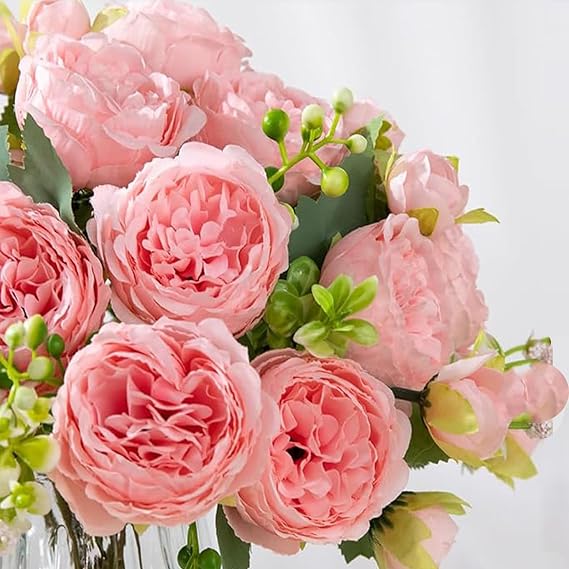 Artificial Flowers in Vase - Peony Artificial Flowers that Look Real, Artificial Peony Flowers for Dining Table Centrepiece and Living Room Decoration