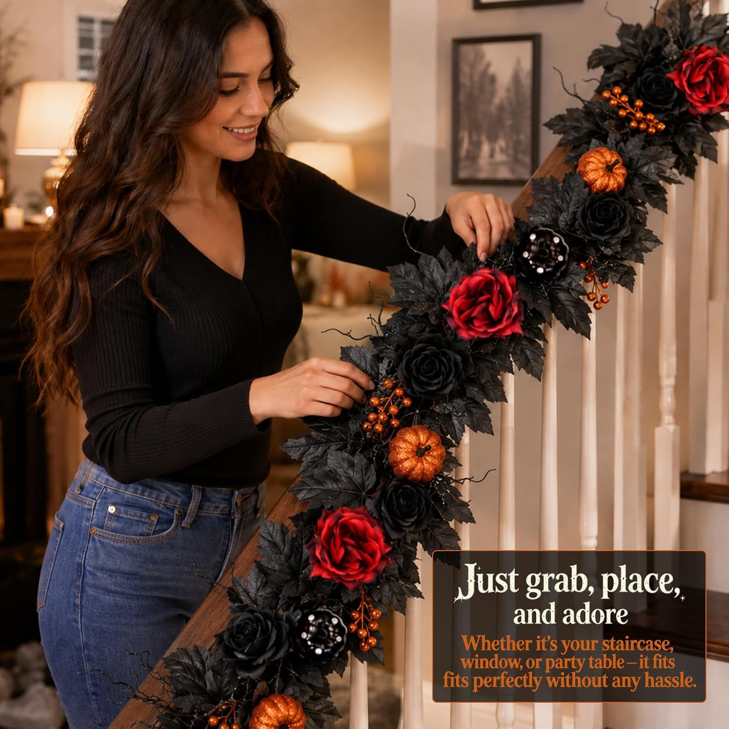 Grooy Halloween Garland 6FT, Red Rose Pumpkin Vine for Door Wall Decor