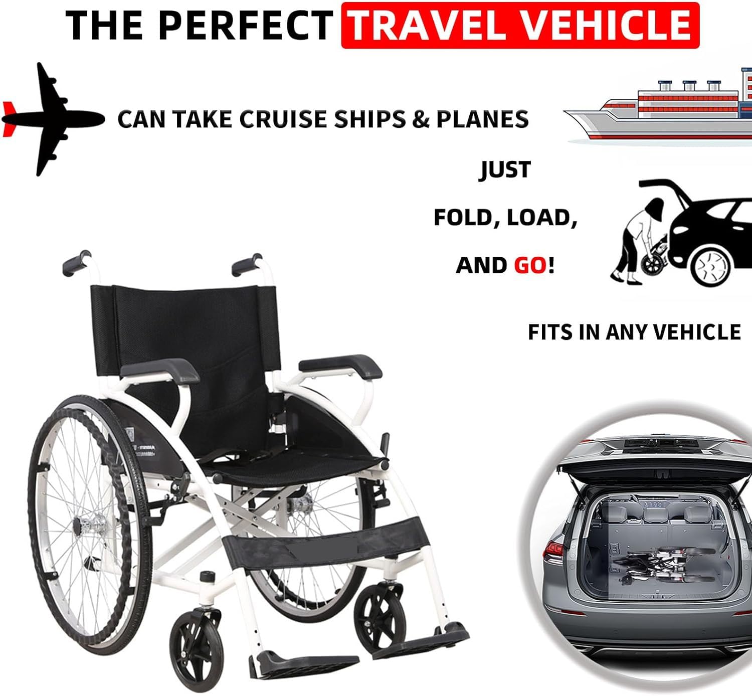 Silla de Ruedas Plegable Ligera con Freno, Silla de Ruedas de Viaje con Reposapies Plegables, Pesa Solo 15.8 KG Cuando Esta plegada, Puede Caber facilmente en el Maletero de un Coche.