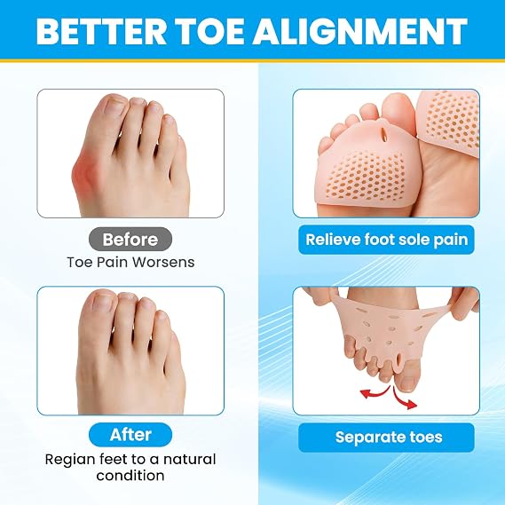 Metatarsal Pads,Gel Toe Separator, Metatarsal Cushion New Material, (4 PCS Nude), Breathable & Soft Gel, Toe Spacers, Forefoot Pads, Great for Blisters, Diabetic Feet.