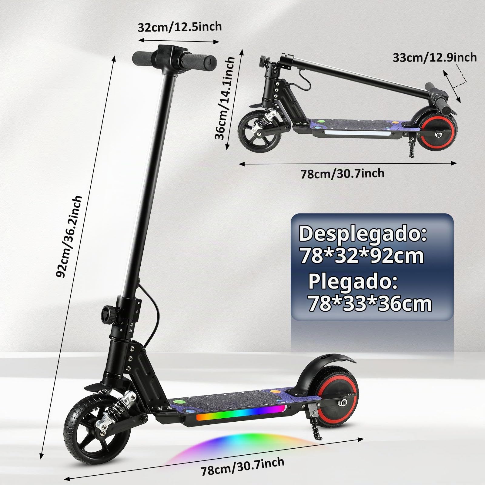 Patinete Eléctrico Niños 6-12 Años Plegable Altura Ajustable 14km/h 8KM Luces LED Color Frenos Seguros Pantalla Regalo Cumpleaños
