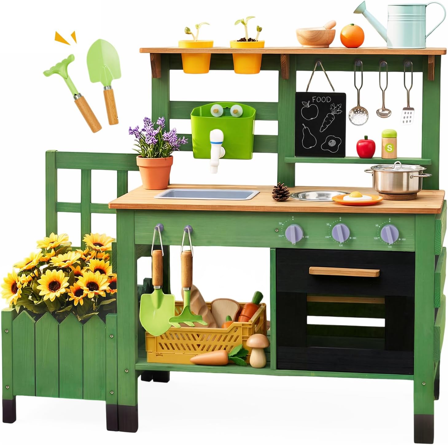 Mud Kitchen for Kids Outdoor, Vintage Mud Kitchen with Planter Box - Includes Rich Gardening Tools & Cooking Accessories, Wooden Kids Play Kitchen with Faucet, Stove, Sink, Oven, Flowerpots
