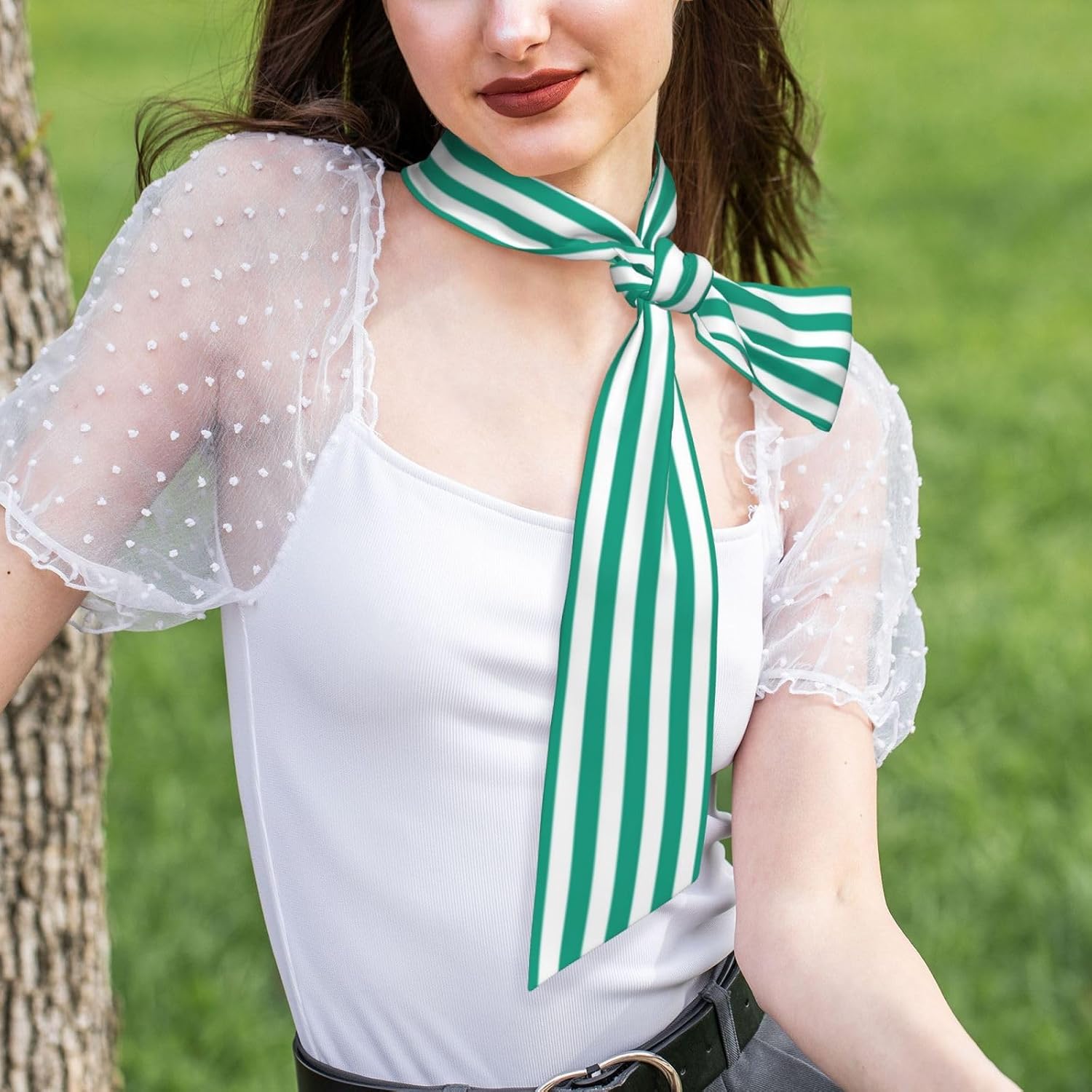 Bluish Green White Stripes Print Scarf, Personalized Soft Silk Headband Head Scarves for Women Fashion Hair Accessories Lightweight image 4