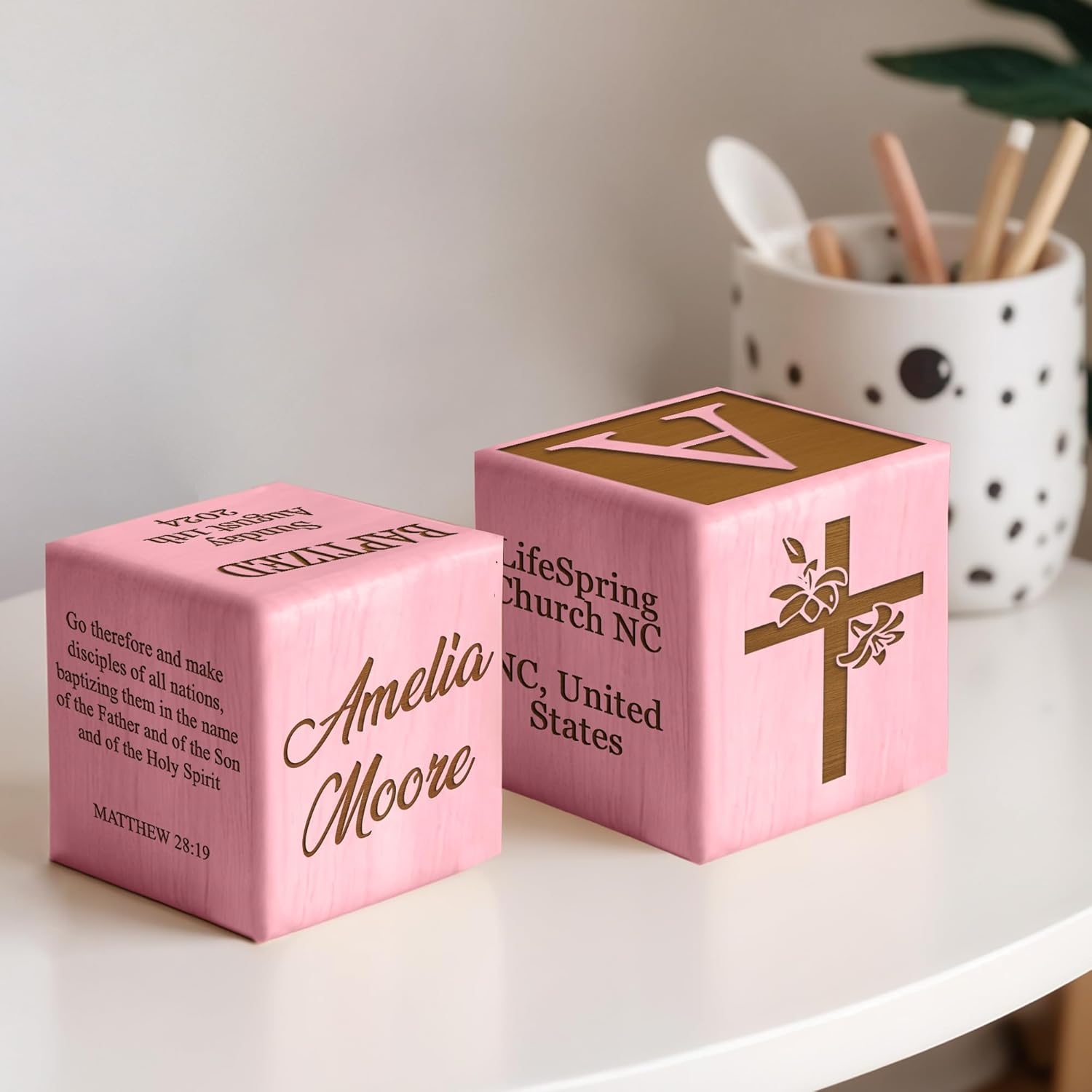 Personalized Baby Baptism Wood Block, Customized Laser Engraved Baptism Gifts for Boys & Girls, Custom Wooden Name Blocks, Personalized Catholic Bible Name Engraved Wood Blocks Handcrafted in the USA